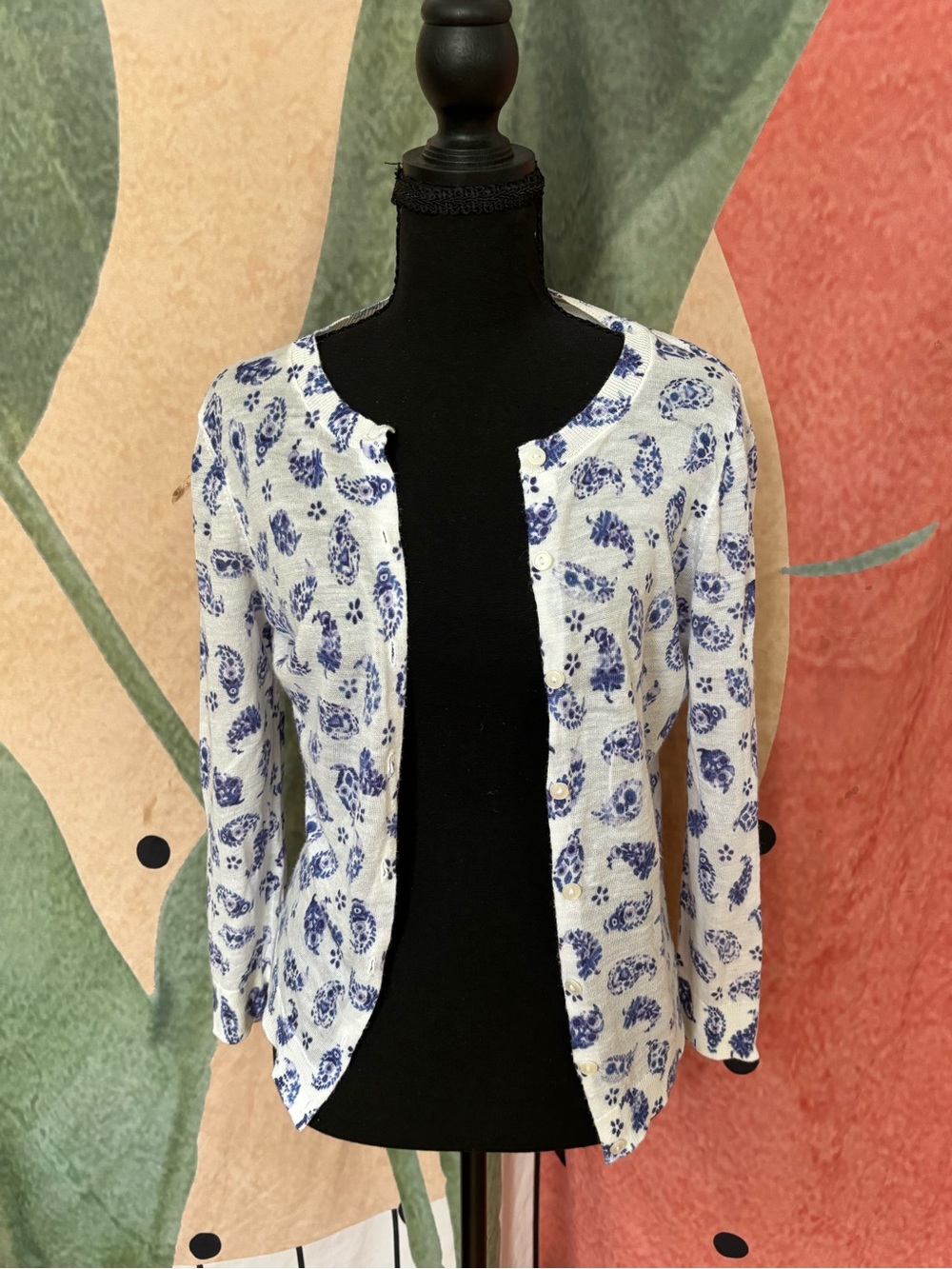 J. Crew White Cardigan Jacket with Blue Floral Print